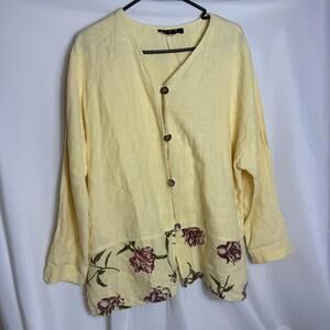 Fenini 100% Linen Yellow Women's  Button-Up Blouse/ Jacket with Floral Print Hem